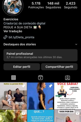 Conta de emagrecimento 148k e 1,6 mi de engajamento