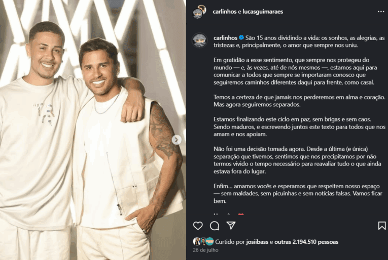 Carlinhos Maia confessa que traiu Lucas Guimarães e descarta reconciliação 1 Carlinhos Maia confessa que traiu Lucas Guimarães e descarta reconciliação