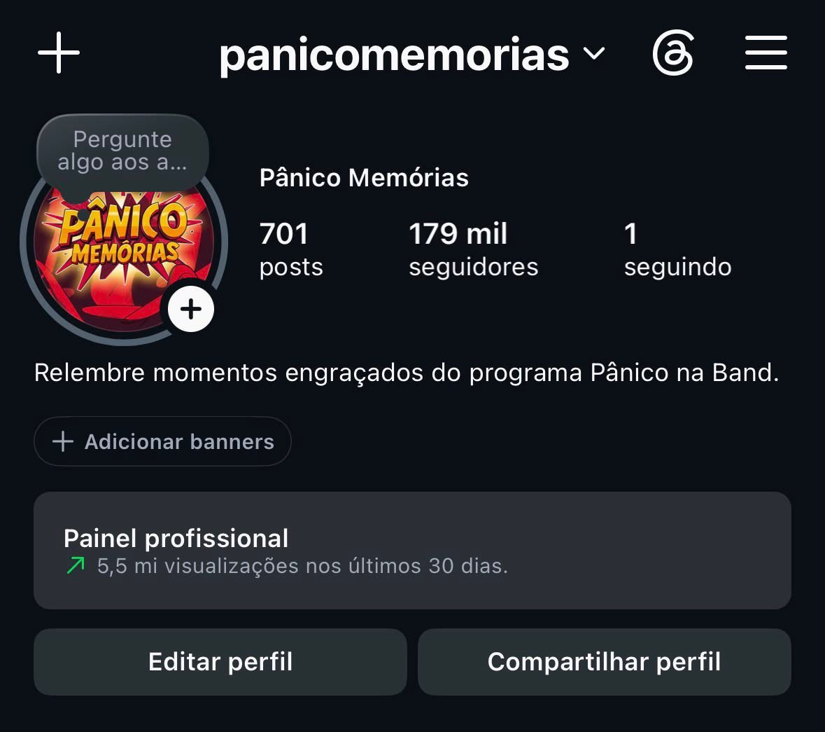 Instagram de FC do Programa Panico na Bank