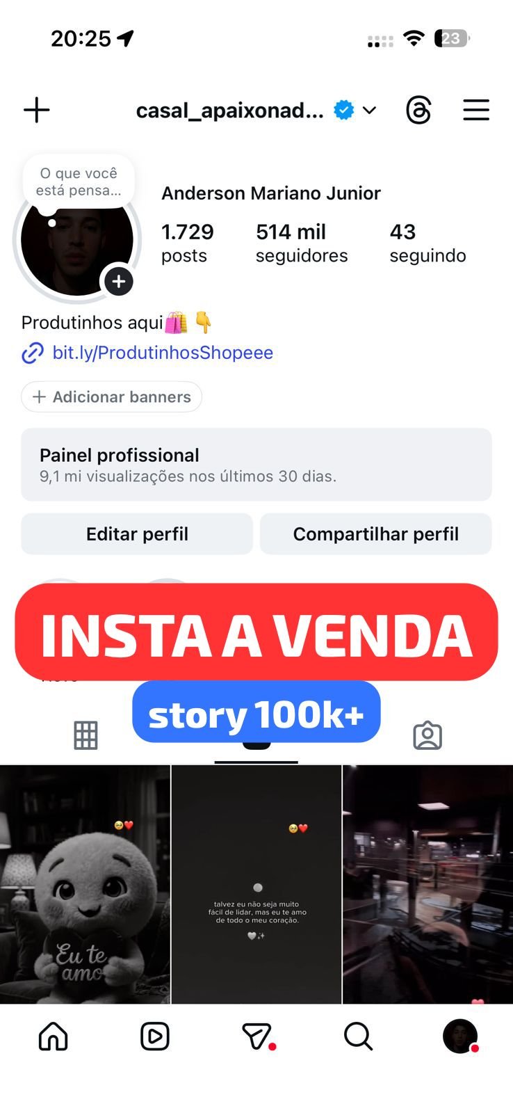 Perfil do Instagram de 500k com Storys batendo 100k