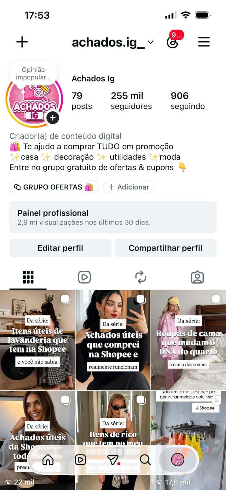 Perfil de Achadinhos no Instagram de 200k